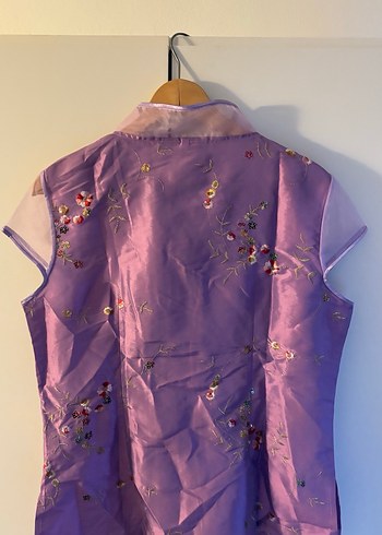 Asya Tarzı Nakışlı İşlemeli Mor Saten Bluz - Görsel 4