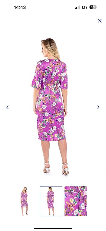 Kısa kollu çiçek desenli saten elbise - Görsel 4