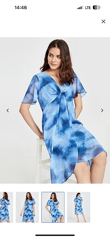 Kısa kollu astarlı açık mavi baskılı şifon elbise - Görsel 2