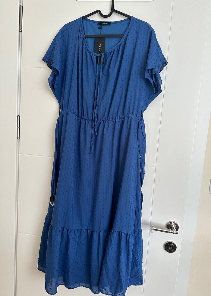 TRENDYOLMİLLA Indigo Kemerli Dokulu Kumaşlı Elbise - Görsel 3