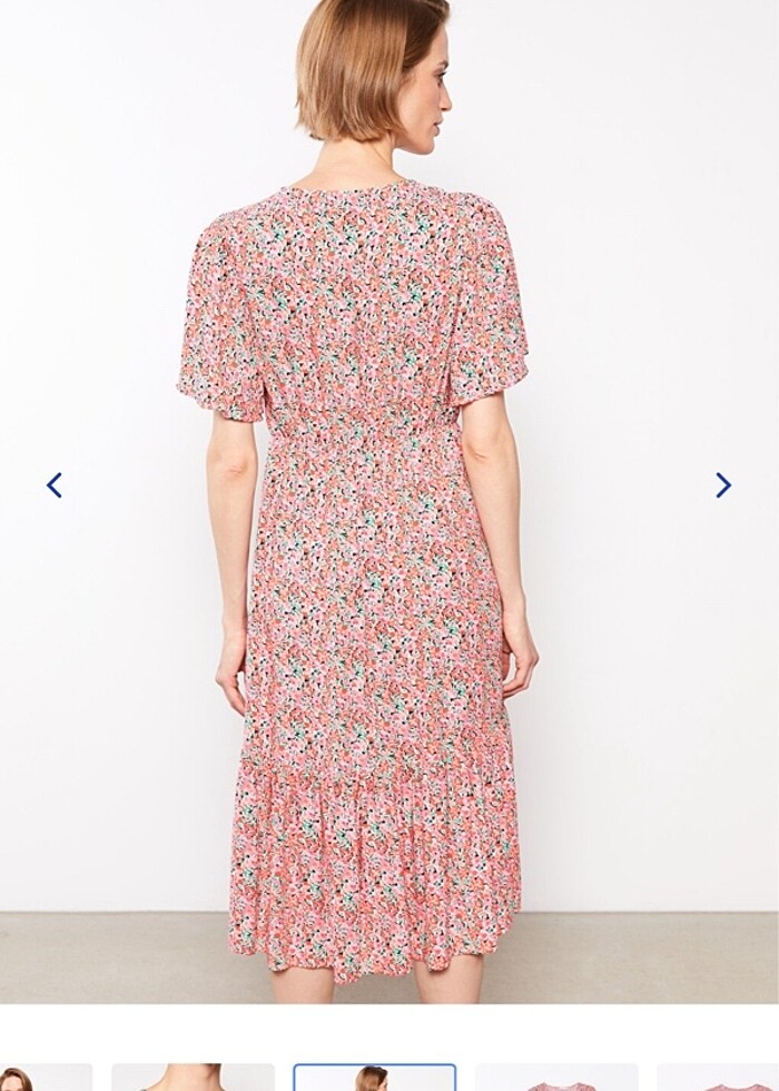 V yaka çiçekli kısa kollu viskon elbise - Görsel 2