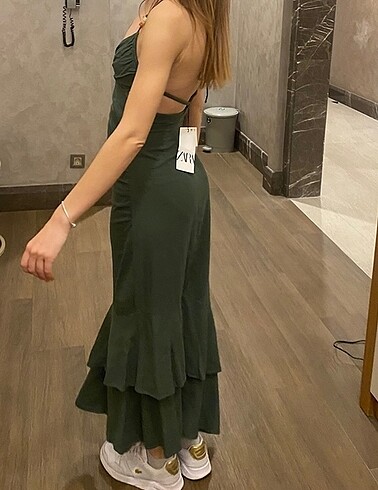 xs Beden haki Renk Zara fırfırlı elbise keten