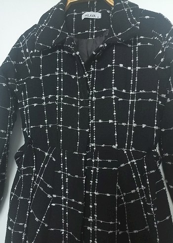 Düğmeli Siyah Ekose Kadın Uzun Kaban - Görsel 2