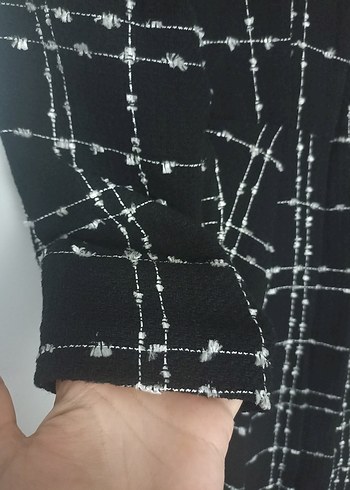 Düğmeli Siyah Ekose Kadın Uzun Kaban - Görsel 3