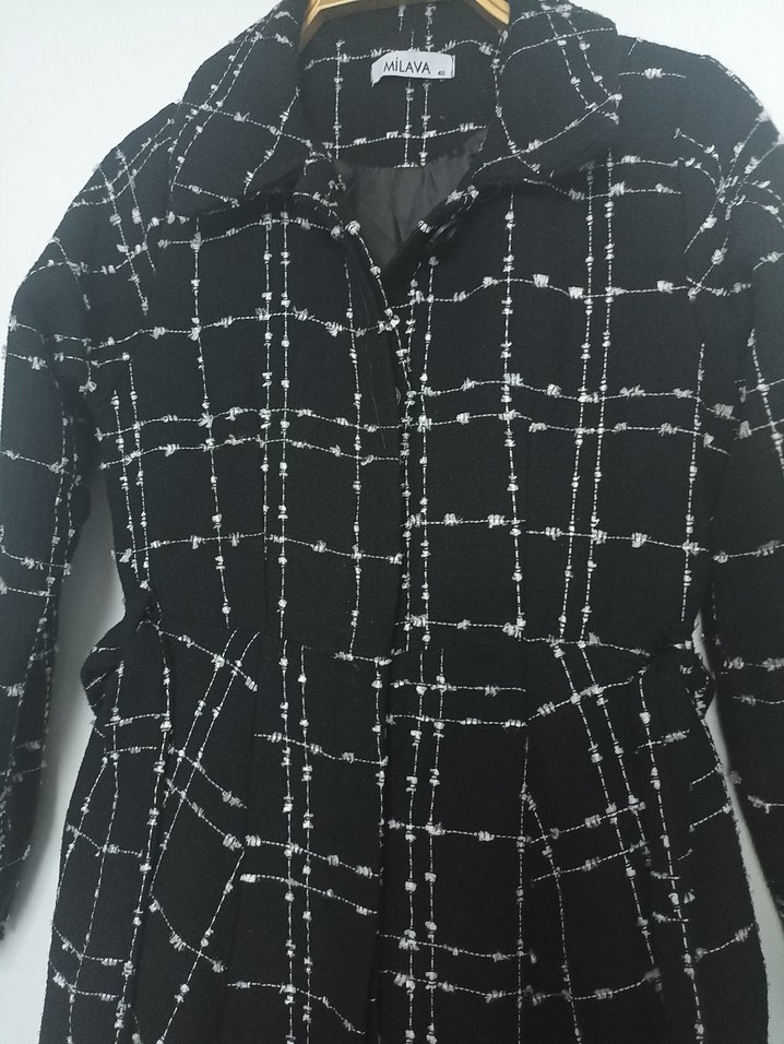 Düğmeli Siyah Ekose Kadın Uzun Kaban - Görsel 2