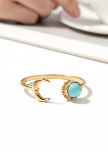 Turkuaz Taşlı Ay ve Güneş Detaylı Bohem Yüzük - Görsel 2