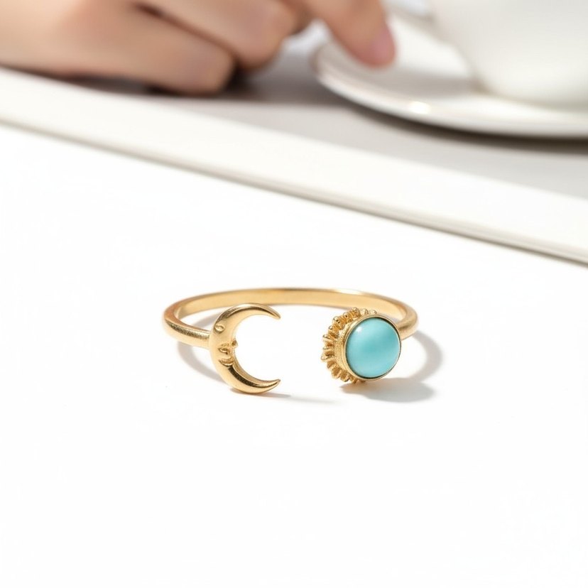 Turkuaz Taşlı Ay ve Güneş Detaylı Bohem Yüzük - Görsel 2