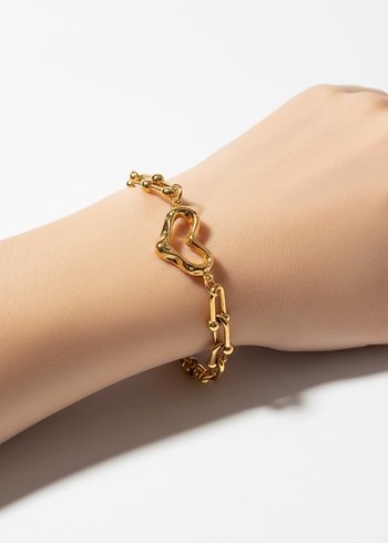 Zincir Detaylı Altın Renk Kalp Bileklik kararmaz - Görsel 4