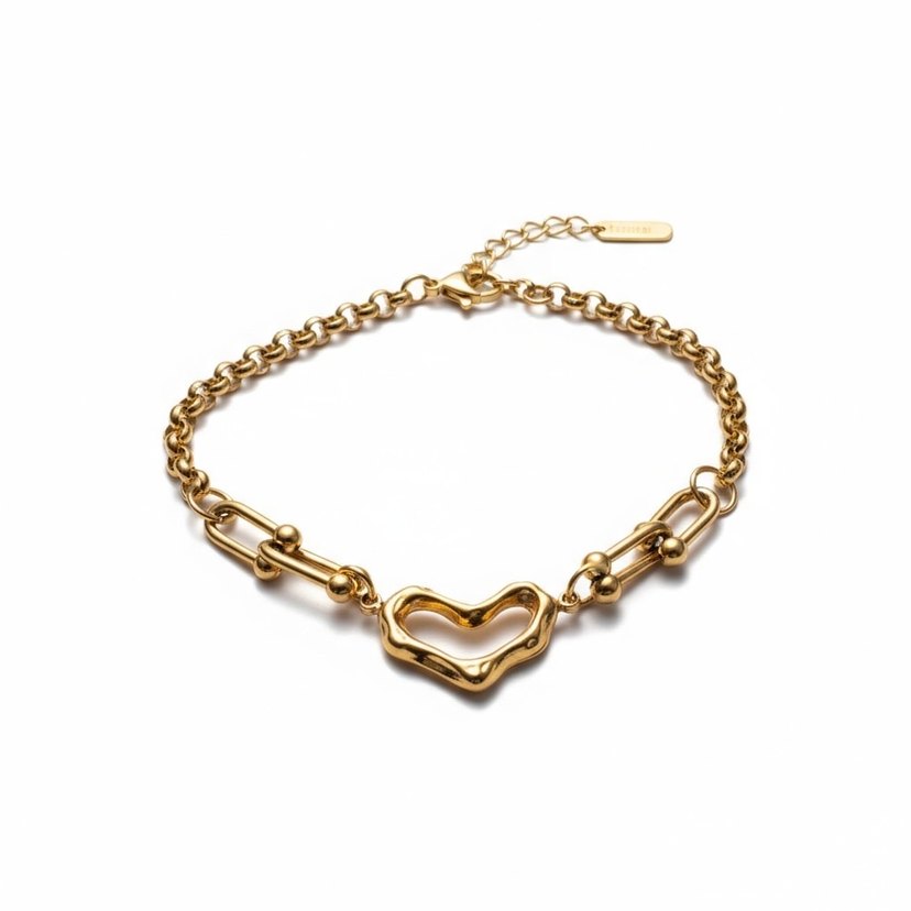 Zincir Detaylı Altın Renk Kalp Bileklik kararmaz - Görsel 2