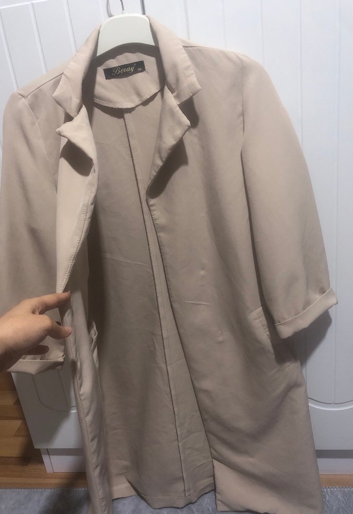 Bej Midi Kadın Keten Kaban - Görsel 3