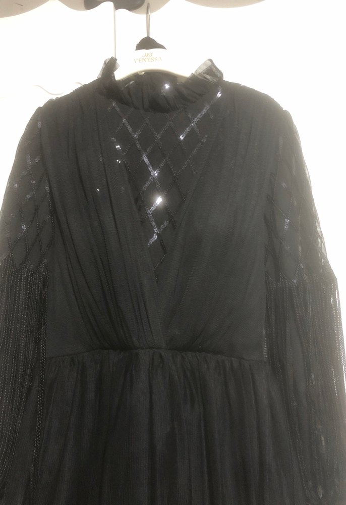 Siyah Uzun Drapeli Gotik Abiye Elbise - Görsel 3