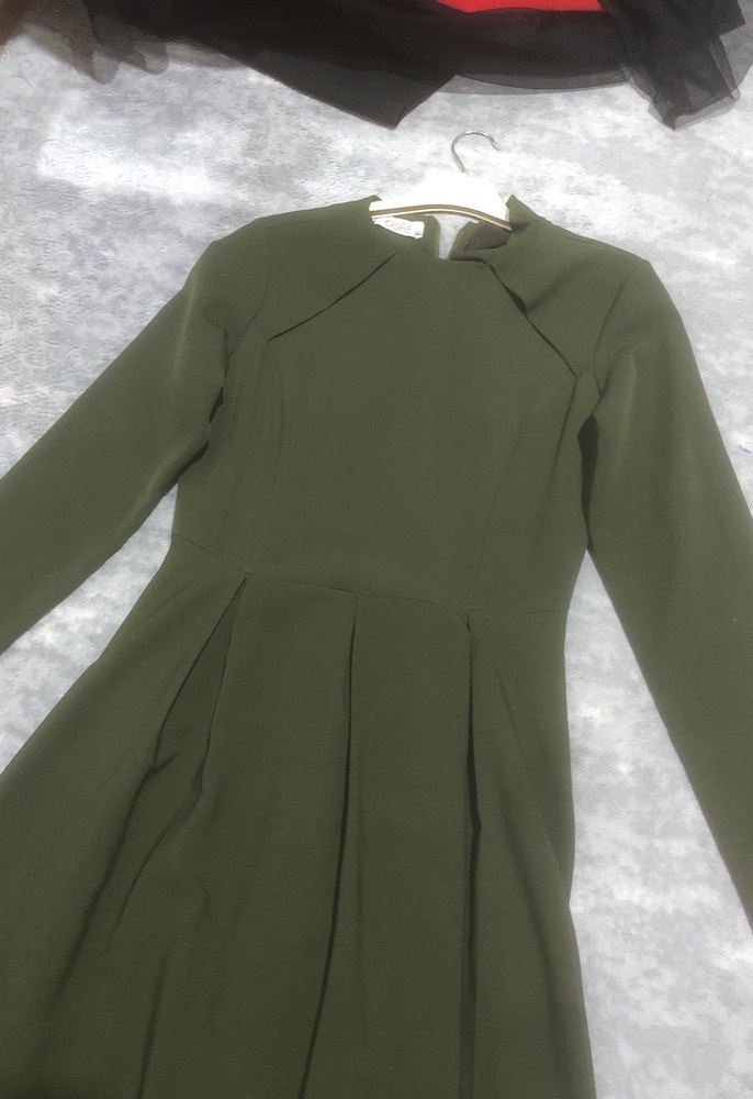 Kadın Haki Uzun Kollu Drapeli Elbise - Görsel 3