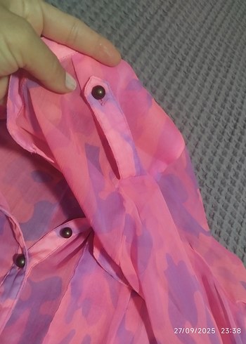 s Beden Pembe Batik Desenli Uzun Kollu şifon Gömlek