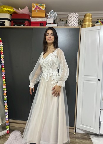 Bohem Uzun Kollu V Yaka Gelinlik nişanlık nikahlık - Görsel 4