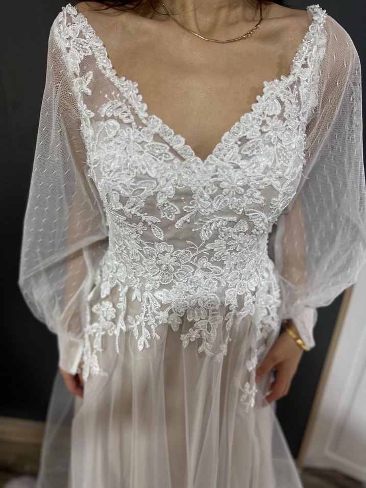 Bohem Uzun Kollu V Yaka Gelinlik nişanlık nikahlık - Görsel 5