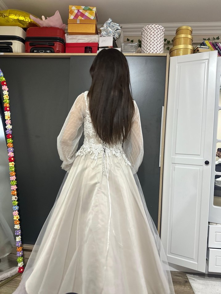 Bohem Uzun Kollu V Yaka Gelinlik nişanlık nikahlık - Görsel 3