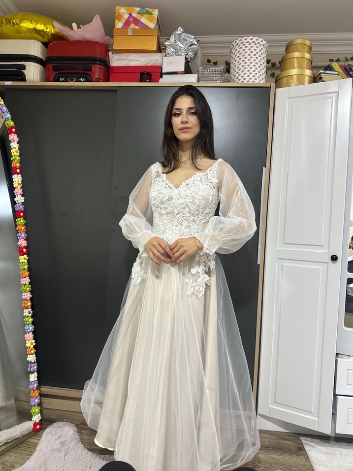 Bohem Uzun Kollu V Yaka Gelinlik nişanlık nikahlık - Görsel 2