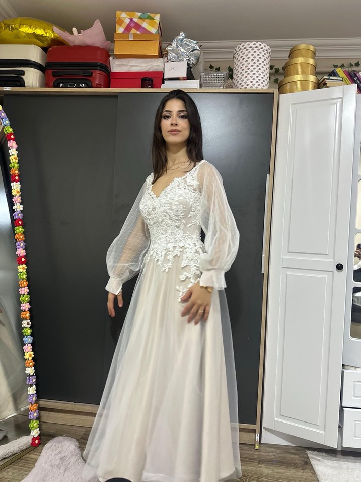 Bohem Uzun Kollu V Yaka Gelinlik nişanlık nikahlık - Görsel 4