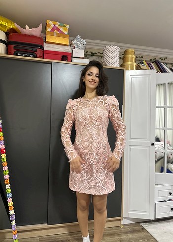 Pembe Nakışlı Dantel Uzun Kollu Nişan Elbisesi ve after elbisesi - Görsel 7