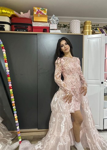 Pembe Nakışlı Dantel Uzun Kollu Nişan Elbisesi ve after elbisesi - Görsel 4