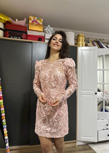 Pembe Nakışlı Dantel Uzun Kollu Nişan Elbisesi ve after elbisesi - Görsel 9