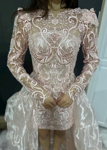 Pembe Nakışlı Dantel Uzun Kollu Nişan Elbisesi ve after elbisesi - Görsel 6