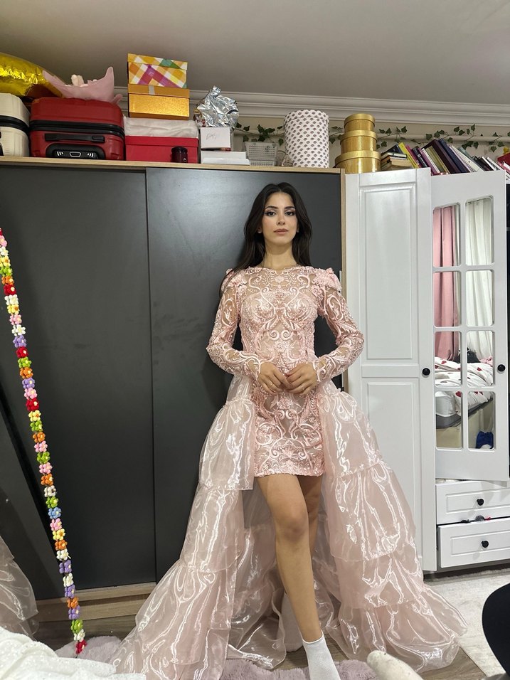 Pembe Nakışlı Dantel Uzun Kollu Nişan Elbisesi ve after elbisesi - Görsel 5