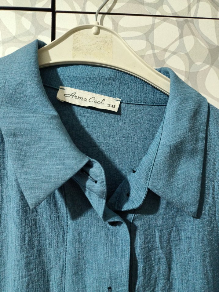 Mavi Nakışlı Uzun Keten Bohem Tunik - Görsel 2