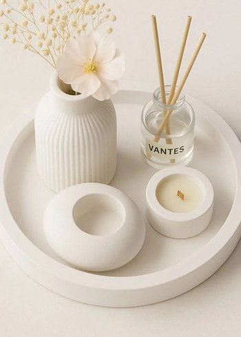 Beyaz Seramik Mumluk ve Dekoratif Set - Görsel 2