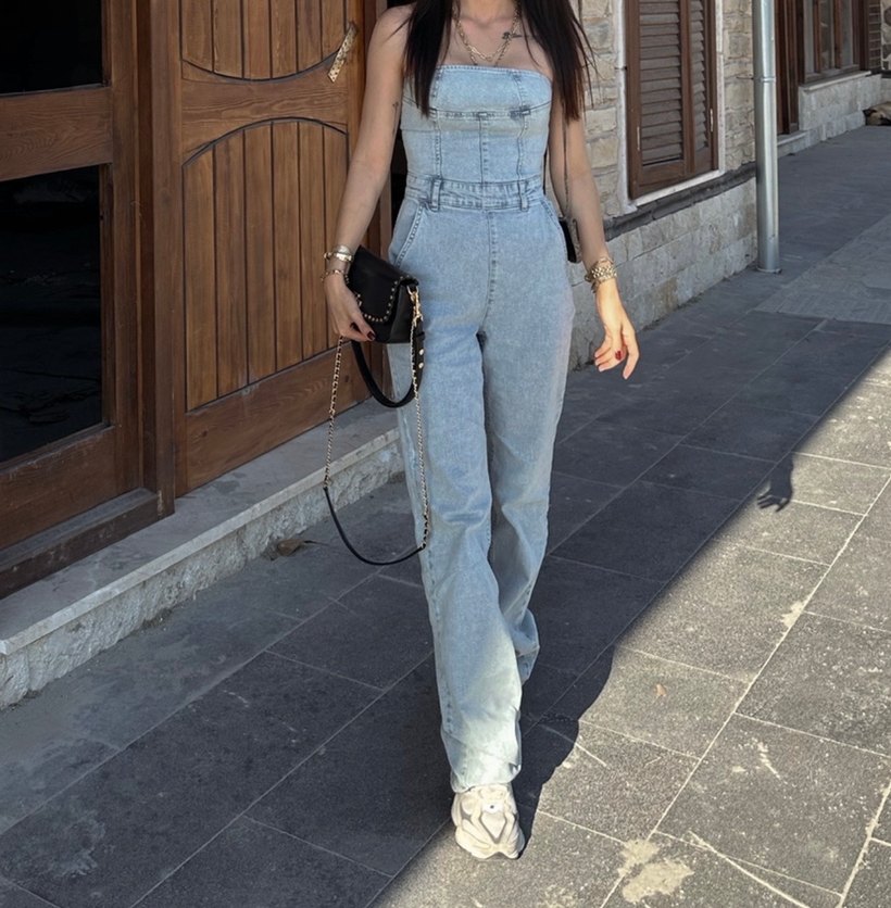 Gri Batik Desenli Straplez Denim Tulum - Görsel 3