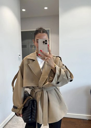 s Beden camel Renk Bej Kemerli Midi Trençkot