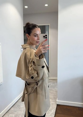 Zara Bej Kemerli Midi Trençkot