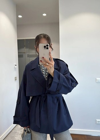 Zara Kadın Lacivert Midi Trençkot
