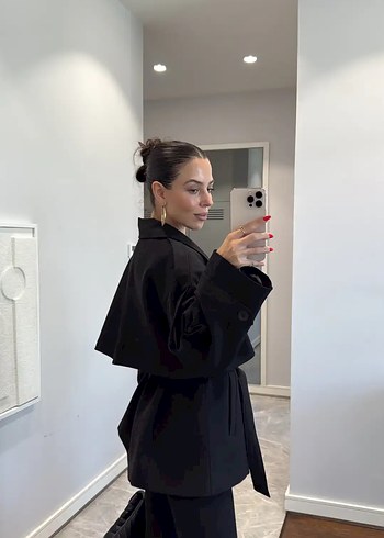 Zara Kemerli Siyah Midi Trençkot