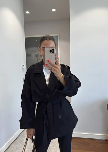 m Beden Kemerli Siyah Midi Trençkot