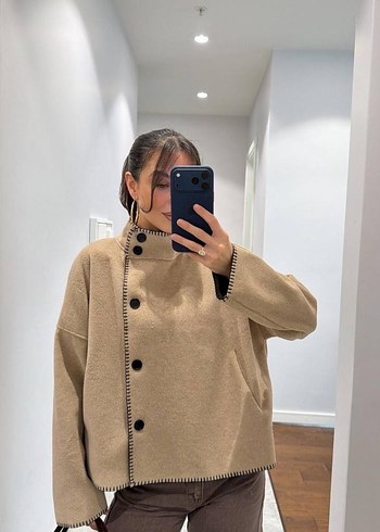 s Beden camel Renk Düğmeli Bej Kadın Midi Kaşe Ceket