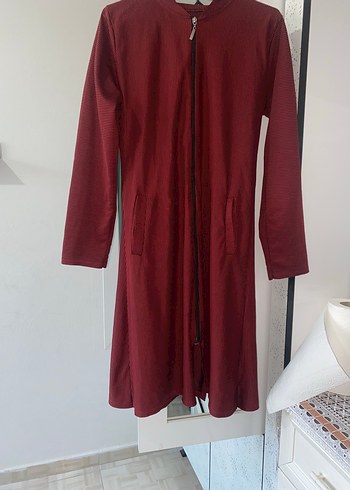 Bordo Uzun Kollu Fermuarlı Kadın Kaban