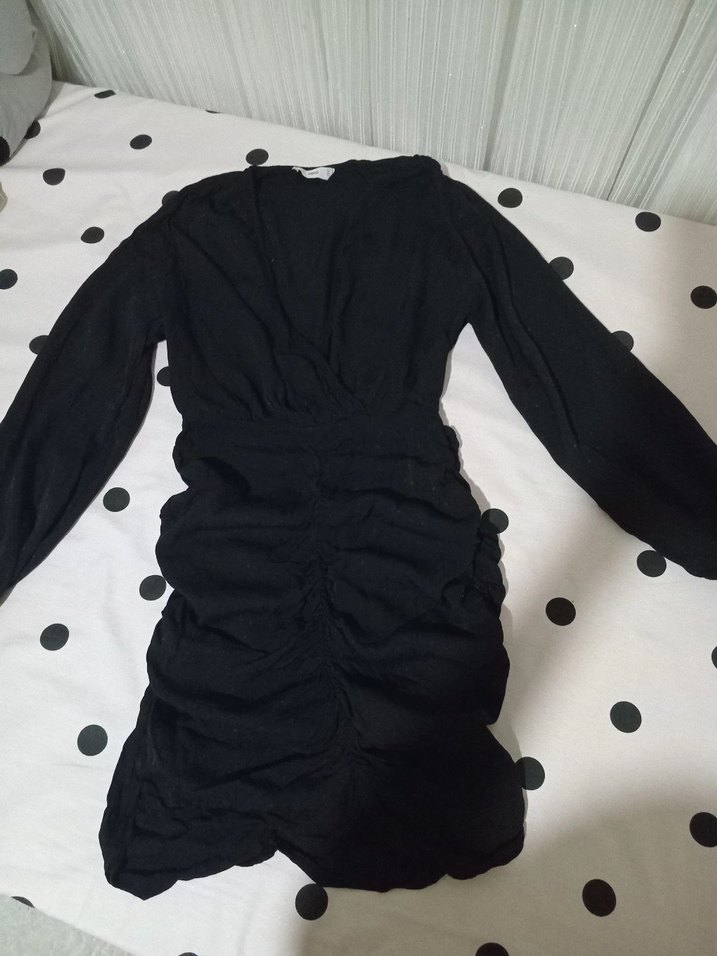 Siyah V Yaka Uzun Kollu Midi Elbise - Görsel 2