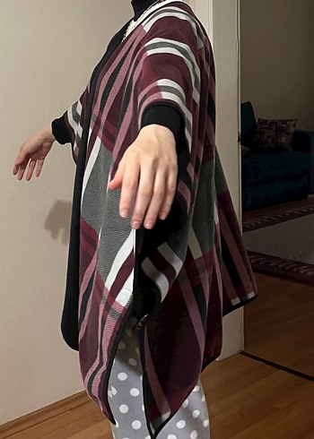 Bordo Ekose Desenli Salaş Kadın Panço - Görsel 2