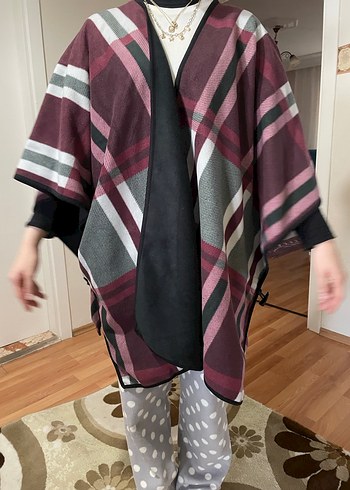 Bordo Ekose Desenli Salaş Kadın Panço - Görsel 3