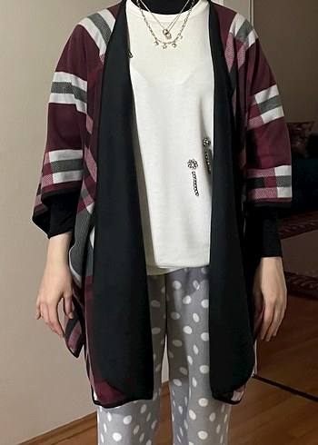 Bordo Ekose Desenli Salaş Kadın Panço - Görsel 4