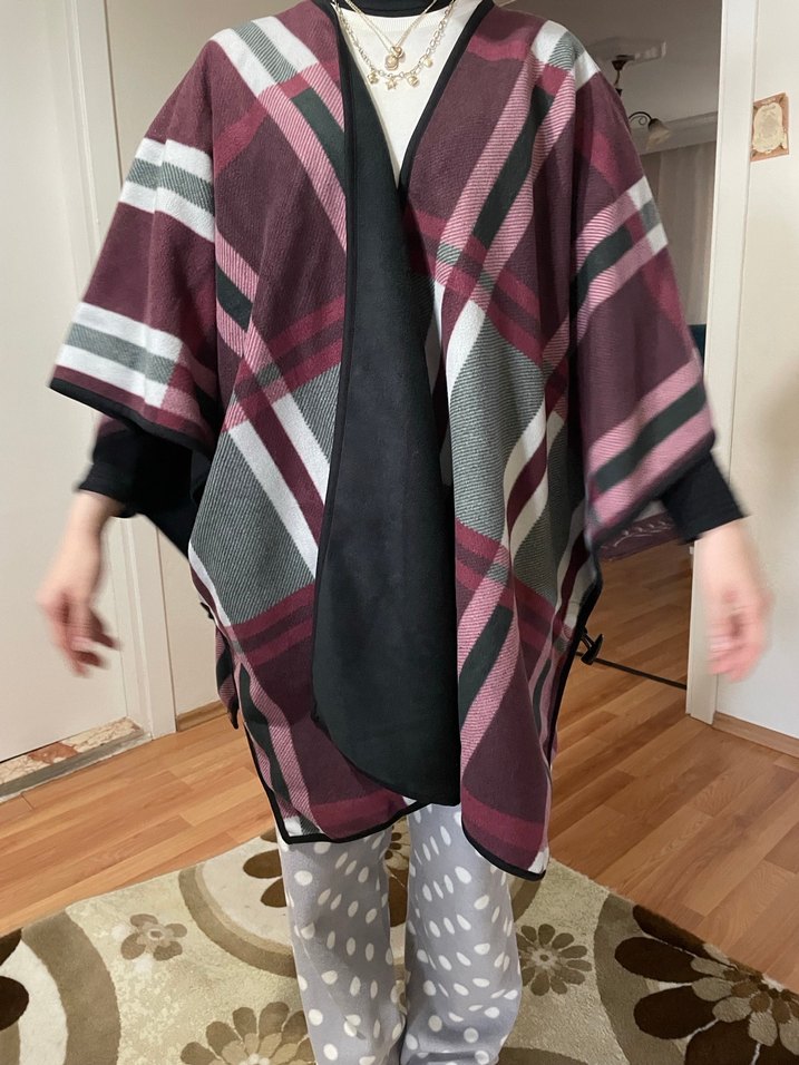 Bordo Ekose Desenli Salaş Kadın Panço - Görsel 3