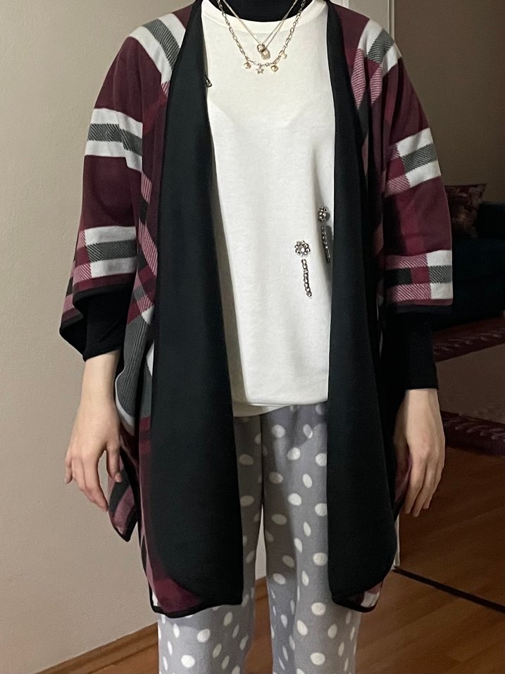 Bordo Ekose Desenli Salaş Kadın Panço - Görsel 4