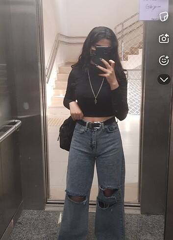 Mavi wide leg yırtık kot pantolon