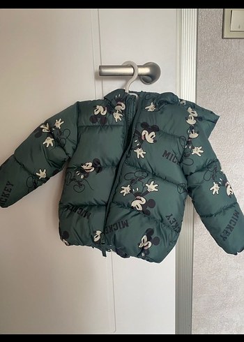 Koyu Yeşil Kapüşonlu Mickey Baskılı Erkek Mont
