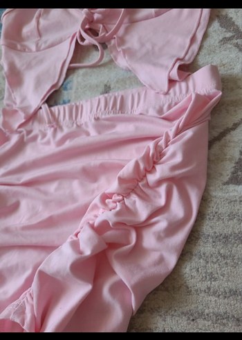 s Beden pembe Renk Pembe Drapeli Mini Strappy Elbise crop