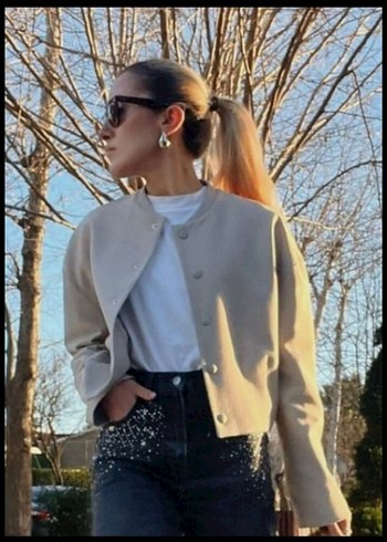 s Beden Düğmeli Bej Kısa Kadın Mont zara