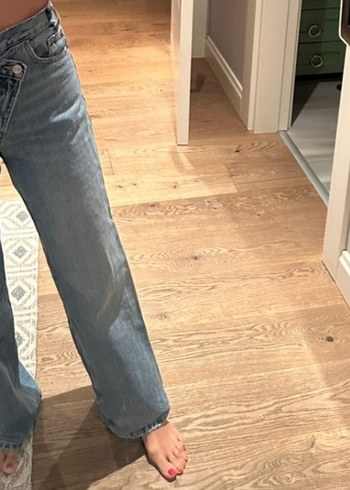 Zara Kadın Gri Mavi Bağlamalı Bol Kesim Denim Pantolon