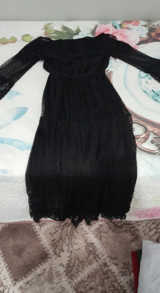 Uzun Siyah Goth Elbise, Fırfırlı, Uzun Kollu - Görsel 3