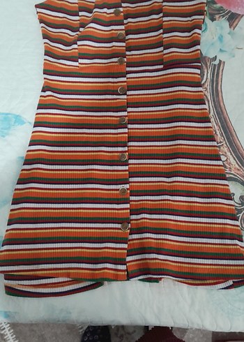 Çizgili Düğmeli mini boy Kadın Elbise - Görsel 4